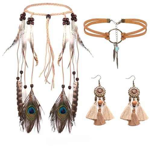 YSTJKD 3 Stück Teiliges Indianer Kopf Schmuck Set Indian Hippie Boho Feder Stirnband Boho Traumfänger-Ohrringe Leder Choker Halskette Set für Hippie Kostüm Vintage Karneval Schmuck