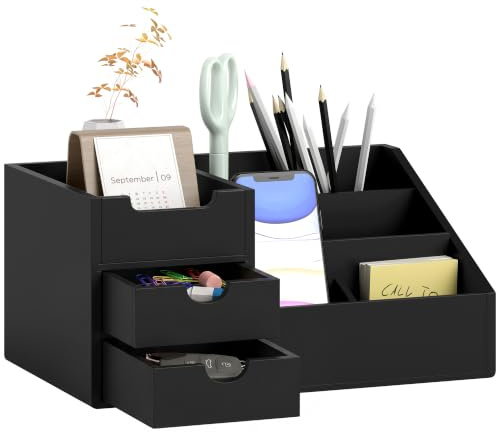 HOMCOM Desk Organiser Holder, Multi-Function Storage Caddy, Bamboo, Black | 7 Storage Compartments, 2 Drawers, for Home Office Stationary Supplies