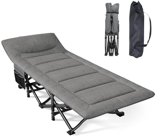 Mopaicot Lit de Camping Plier pour Adultes avec Matelas et Oreiller Intégrés, Portable pour Extérieur et Voyage, Charge Maximale 200kg, Inclut Sacoche de Transport, Gris