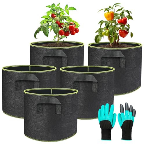 5 Pack Bolsa de Cultivo con Asas, Ø40x30cm - Maceta de tela 38L, Bolsas de Tela no Tejida para Plantas, Patatas, Tomates, Zanahoria, Flores, Guantes de Jardinería, Reutilizable y Lavable (10 Galones)