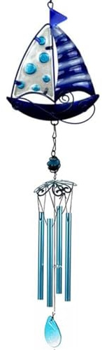 Glas-Windspiel, Windspiel für Garten, blaues Windspiel für Terrasse, Hängedekoration, Ozean-Windspiel, Outdoor, Veranda, Balkon, kreative Hängedekoration (85 cm x 12,5 cm x 3,5 cm) (Segelboot)
