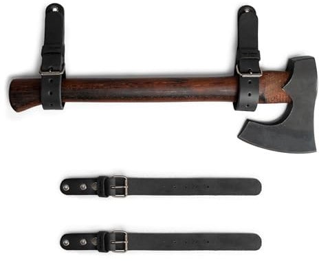 Leather Wall Hanging Straps, Set of 2, Buckle Closure for Axes, Hatchets & Tools, Heavy Duty Tool Hangers, Garage Storage Organization, Axe Mount Holders, Organizer Hooks (Charcoal Black)