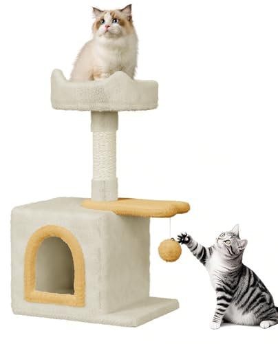 Dogat 28 inch Small Cat Tree, Multi-Level Stable Cat Tower with Sisal Scratching Posts, Dangling Ball Toy, Cozy Condo & Perch, Indoor Cat Furniture for Playing, Climbing and Relaxation, Beige