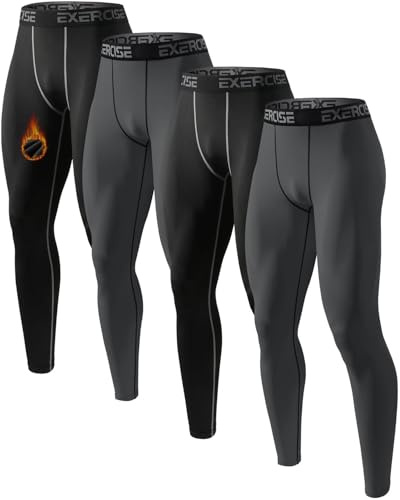 Orrfreer 4 Pack Men's Thermal Underwear Trousers Long Johns Fleece Lined Thermal Leggings Warm Compression Pants Base Layer Leggings for Ski Running Outdoors