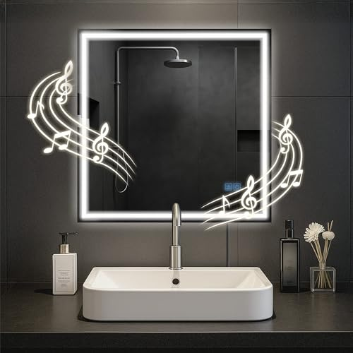 CLP Espejo de baño Jaffrey, Altavoz Bluetooth, antivaho, Espejo de Pared con iluminación LED, Regulable, 3 Modos de luz, Tamaño:80x80 cm