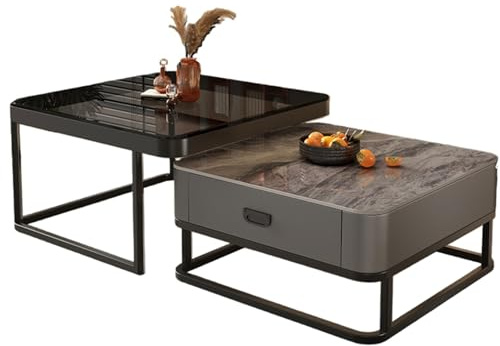 Ensemble de table basse moderne de ferme avec petite table d'appoint de rangement, cadre en métal et verre trempé (noir D)