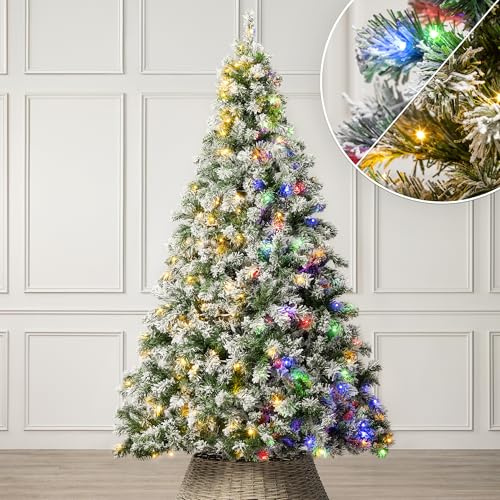 Christow Pre-Lit Flocked Chamonix Spruce Christmas Tree, 7ft | Dual-Colour LED Lights, Warm White to Multi-Colour, 11 Light Modes – Colour Changing, PE & PVC Tips, Mains Powered with Timer
