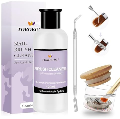 TOROKOM 120ml 3-in-1 Nail Brush Cleaner Kit with Glass Cup & Scrub Brush | Acrylic Nail Brush Cleaner Essence for Acrylic, Gel Polish & Extension Gel