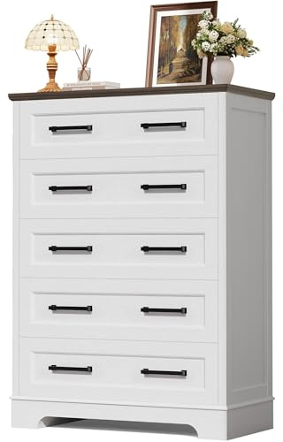 YESHOMY Tall Dresser for Bedroom, Farmhouse 5 Drawers Dresser, White&Brown