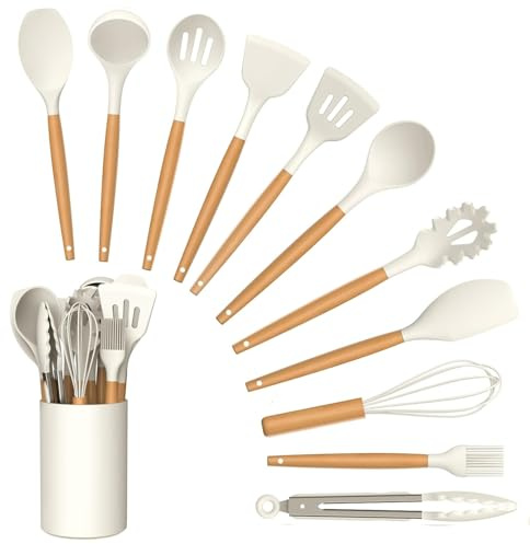 Kitchen Utensil Set, 12 PCS Silicone Cooking Utensils Set with Wooden Handle, Heat Resistant, Nonstick Cookware Tongs Spatula Spoon Set, Dishwasher Safe, Best Kitchen Tools (Cream)