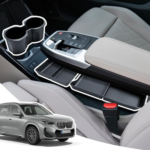 LANGBEAN (3 Piezas) Organizador Consola Central para BMW X1 X2 2023-2026 | Cajas Almacenamiento Consola Central Delantera, Bandeja Consola Central Trasera, Portavasos, TPE, Accesorios X1 iX1 X2 iX2