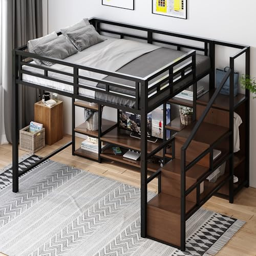 ZIDEY Hochbett as Metall 140x200 mit Stauraum Treppe, TV-Ständer, Steckdose und Regal, Metallbett Kinderbett mit Sicherheitsleiter, Funktionsbett Stockbett,schwarz, ohne Matratze
