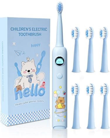 Huedbeads Kids Electric Toothbrush, Sonic Rechargeable Toothbrush with 6 Replacement Heads, Soft Bristle, IPX7 Waterproof, LED Display, Oral Care for Toddlers & Children Aged 2-12 Years (Blue)