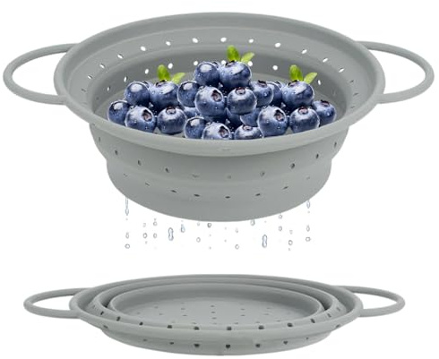 Collapsible Colander Strainer - Space-Saving Collapsible Strainers for Kitchen, Large Grey Silicone Foldable Sink Strainer Basket, Versatile Kitchen Strainers for Pasta, Fruits, Vegetables & More