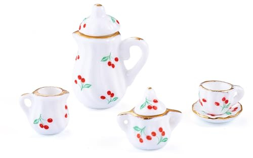 Maigbeads 7Pcs Ceramic Tea Set Decorations Porcelain 3D Miniature Model Ornaments Tea Cup Teapot Tray Plate Dollhouse Micro Landscape Decoration Garden Home Decor Accessories Cherry Pattern Decoration