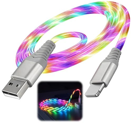 Aihoom LED Flowing Charging Cable, RGB Light-Up Phone Cord for Data Sync & Power, Durable TPE Anti-Tangle, Compatible with iPhone 5–14 & iPad