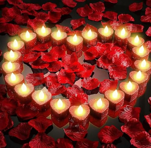 KUWUNG 24 Stück Herz Form LED Teelichter Rot, Herz Kerzen mit 2000 Künstliche Rosenblätter, Heiratsantrag Deko für Hochzeiten Valentinstag, Künstliche Kerzen