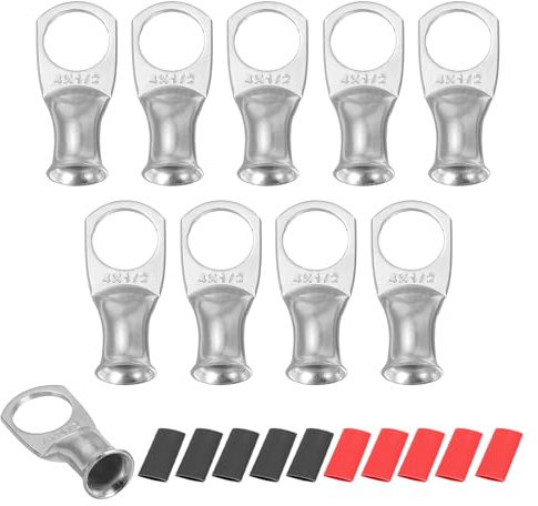 sourcing map 10pcs 4AWG M12 Battery Lugs Ring Terminals 1/2 12mm,Silver | Copper Connector End,Stud Crimp Wire Terminal,2:1 Heat Shrink Tubing, Silver