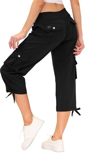 MoFiz Pantalon 3/4 Femme été Pantacourt Cargo de Randonnée Voyage Pantalon Capri de Mode avec 6 Poches Noir Taille S