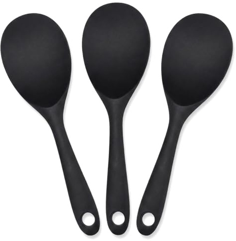 3 Piezas Cuchara para Arroz de Silicona, Cuchara de Arroz Pegajosa, Cuchara Arroceras de Silicona, Antiquemaduras Cucharas, Rice Spoon, para Arrozs, Puré de Patatas, Mezclar, Remover, Negro