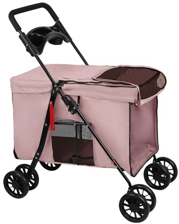 Faltbarer Hundebuggy Hundebuggy mit einer Hand zusammenklappbar, 20 kg, Korb und Getränkehalter, ideal für Reisen mit Ihrem Haustier (Rosa)