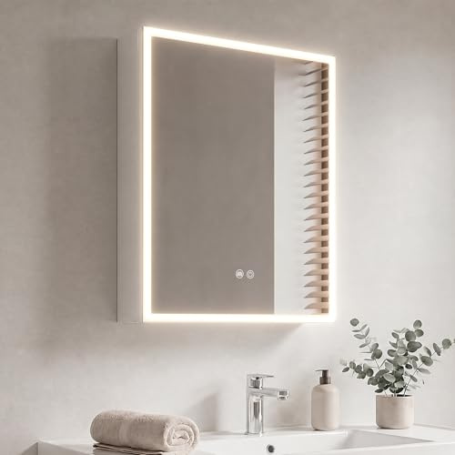 HySail LED Bathroom Mirror Cabinet Fully Pre-Assembled - 50x70x14cm White | 3 Colour Temperature, Dimmable10%-100%, Anti-Fog, Built-in UK Socket and Adjustable Shelves, Wall Mounted Storage Cabinet