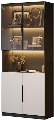 Smalt glasvitrinskåp med appstyrd belysning, 80 x 30 x 200 cm stående vitrinskåp med glasdörrar och aluminiumram, modernt vitrinskåp som vardagsrumsskåp eller skänk för samlarobjekt