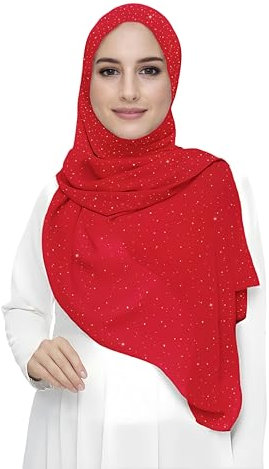 Damen Hijab Kopftuch Schal mit Glitzer aus Premium Chiffon (Rot)