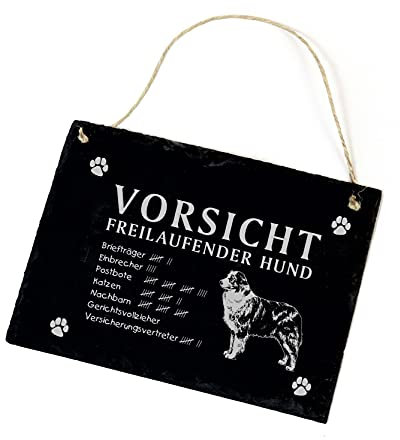 Australian Shepherd Schild Schiefer Gravur Spruch Vorsicht Freilaufender Hund - Schiefertafel Türschild 22x16cm | Dekolando