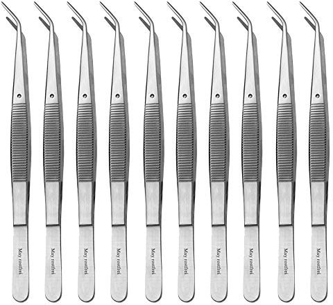 May - 10x Zeckenzange für Hund & Katze - Zeckenpinzette mit Fixierstift - Pinzette zum Zecken entfernen - gekröpfte Spitze - Edelstahl