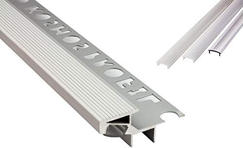 T-40 20° LED Alu Fliesenprofil Treppenprofil Stufen 12mm silber + Abdeckung Abschlussleiste Fliesen für LED-Streifen-Strip 1m milky