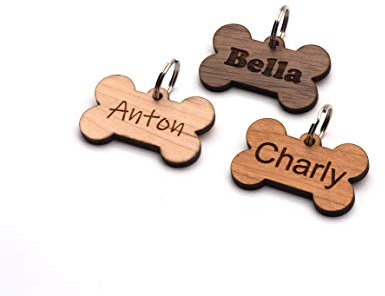 Hundemarke mit Gravur beidseitig inkl. Schlüsselring | Vollholz, Holz, Massivholz | Hundeknochen, Anhänger, Adressanhänger, Adressemarke, Personalisiert | Halsband (Ahornholz)
