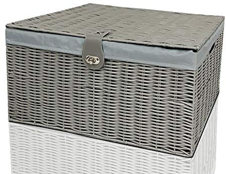 Clarisworld Resin Woven Hamper Basket Storage Chest Trunk Hamper/Kids Toy with Lid, Lock and Removable Lining, W49 x D35 x H22cm (Grey)