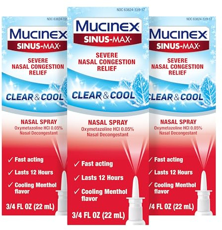 Mucinex Sinus-Max Nasal Spray Decongestant, 12 Hour Over-The-Counter Medication Nose Spray for Sinus Relief, Nasal Decongestants for Adults, Cooling Menthol, 0.75 Fl Oz (Pack of 3)