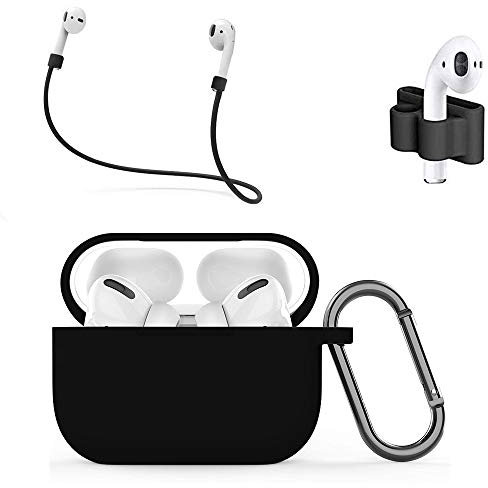 MMOBIEL Silikon Schutzhülle Case kompatibel mit AirPods Pro Cover Stoßfest Staubdicht 4in1 Set mit Karabiner Band (Schwarz)