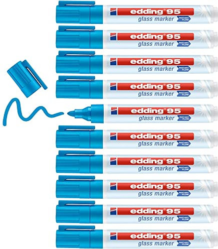 edding 95 marcador para cristal - azul claro - 10 rotuladores borrable para vidrio - punta redondeada 1,5-3 mm - para escribir y marcar en ventanas y pizarras de cristal - borrado en seco