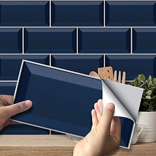 funlife 20X10cm 54Pcs Peel and Stick Transfers Sticker On Tiles, Self-Adhesive Water-Resistant PVC Tile Decals Backsplash for Home Kitchen Decor, Not Real Tile, Navy Blue