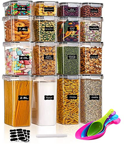 JAMITE Botes Almacenaje 16 Piezas,Recipiente de Cocina de Plastico Sellados con Tapa, Contenedores de Alimentos Hermeticos para Cereales Harina