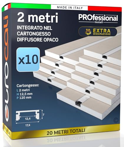 Eurocali Profilo Alluminio per Strisce LED Integrato nel Cartongesso - spessore 12,5mm - Facile da Montare - Gomma di Protezione per Stuccatura - Conf. da 10 pezzi 2mx12cm