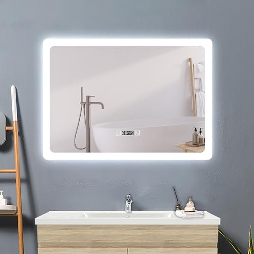 Acezanble Badezimmerspiegel mit Beleuchtung 3 Lichtfarbe Dimmbar mit Memory,70x50cm LED Spiegel mit Uhr Touch Beschlagfrei,Energiesparend Badspiegel Wandspiegel