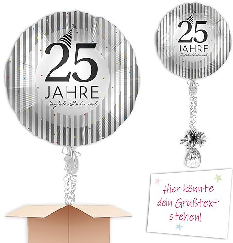 Heliumballon 25. Jubiläum oder Silberhochzeit inkl. Heliumfüllung Schmuckband u. Gewicht Motiv: Rund Silber-Schwarz zum verschenken oder versenden an eine andere Lieferadresse - Mit Karte