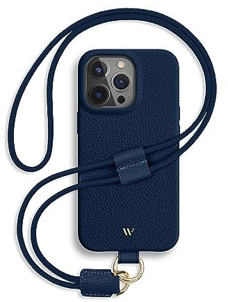 WIIUKA Hülle für iPhone 15 Pro, Leder aus Deutschland, Lederhülle Handykette, Premium Handyhülle, Case, Kette Band Umhängen, Blau Nachtblau