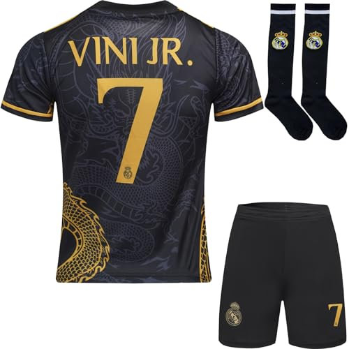 BlackAzat 2023/2024 Madrid #7 Vini Jr. Vinicius Kinder Trikot Fußball Spezielle Golddrachen-Edition, Shorts Socken Jugendgrößen (Schwarz,30)