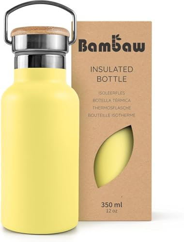 Bambaw Isolierflasche 350ml, Gelbe Trinkflasche, Edelstahl Trinkflasche, Thermotrinkflasche Kinder, Bambus, Trinkflasche Thermosflasche Kinder 350ml – Sonnengelb