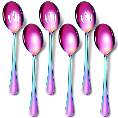 Keyoxy Regenbogen-Servierlöffel, 6-teiliges Edelstahl-Servierlöffel-Set beinhaltet 3 Servierlöffel, 3 Schlitzlöffel, Servierlöffel für Partys/Buffet, spülmaschinenfest, 21,6 cm