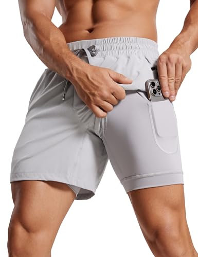 CRZ YOGA Herren Workout Shorts Schnelltrocknend Laufshorts Sporthose Trainingsshorts Kurze Hosen mit Taschen - 13cm Möwe Grau L