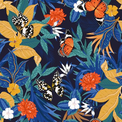 VEELIKE Papier Peint Feuillage Bleu Papillon Papier Peint Fleuri Noir Vintage Papier Peint Tropicale Jungle Papier Peint Adhesif Mural Papier Collant pour Meuble Chambre Armoire Salon 44,5cm×300cm