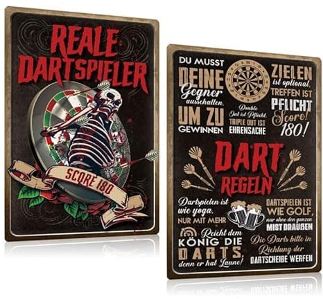 2ER DART SCHILDER SET 20x30cm - Blechschilder Retro Dart Sprüche Lustig - DART REGELN SCORE 180 - REALE DARTSPIELER - Darten Metall-schild Wanddeko Zubehör Geschenk für Männer Bar Partykeller Pub