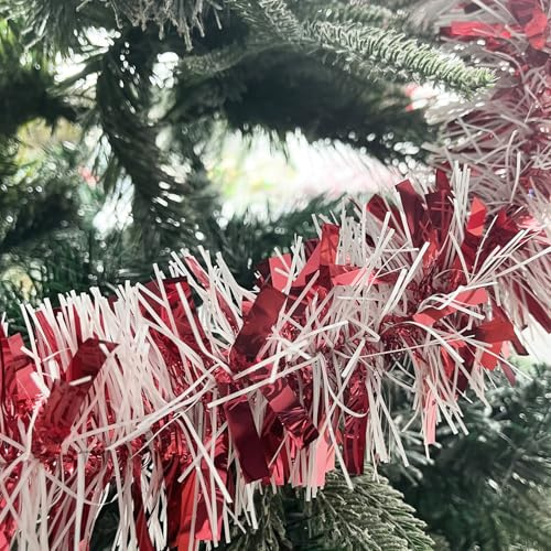 Red White Christmas Tinsel Garland, 10m/32.8ft Chunky/Fine Christmas Tree Hanging Tinsel Decoration Metallic Tinsel Christmas Decoration Tinsel for Christmas Tree Decor (Red White)