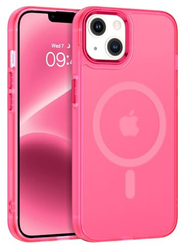 DOMAVER Magnétique Coque iPhone 14 Plus,Case Translucide Compatible avec Magsafe, Antidérapante pour iPhone 14 Plus Aimant Aimanté Housse Ridige Fine Etui Antichoc, Rose Fluo